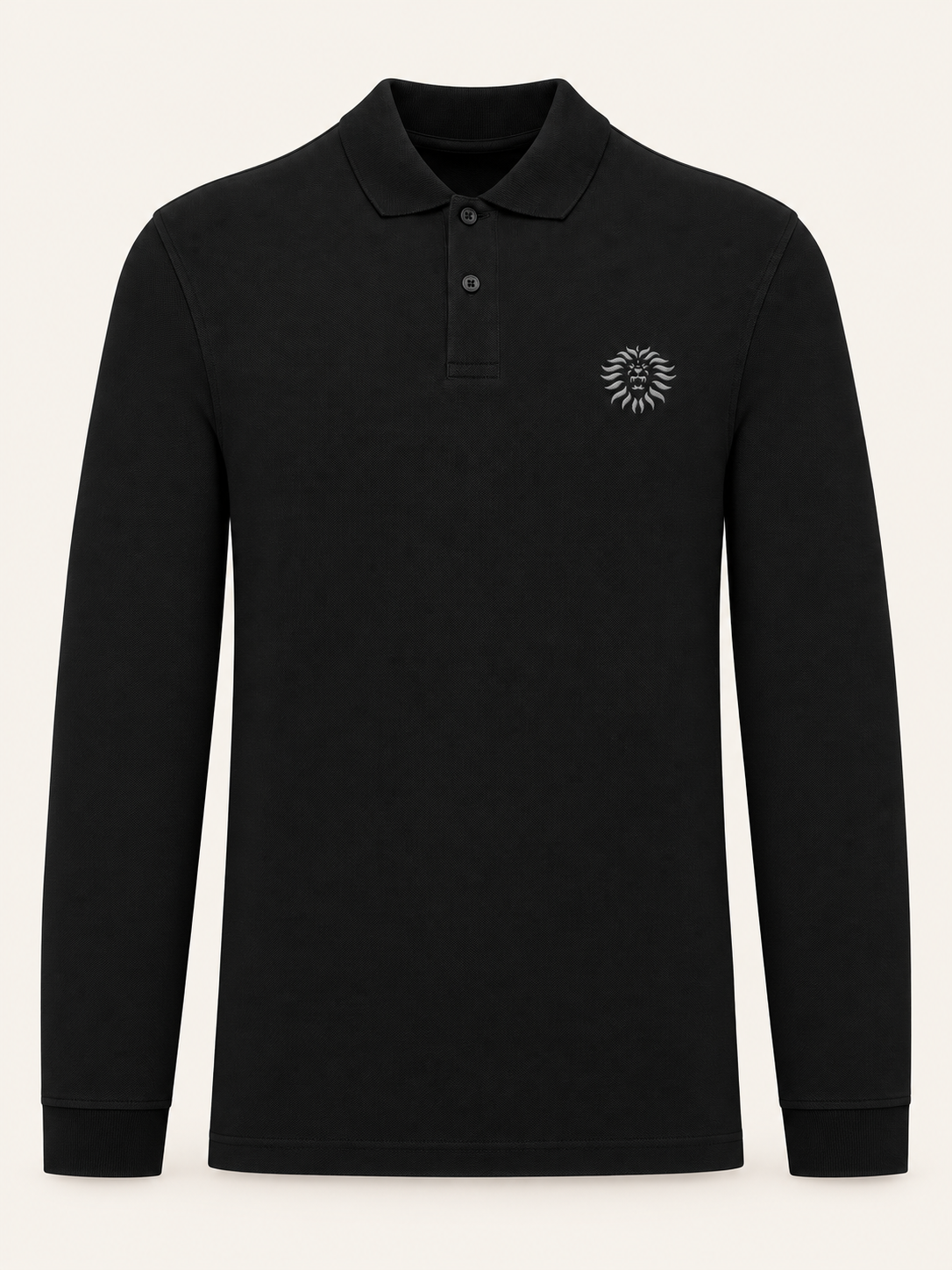 Colore: Black — Polo in piqué biologico a manica lunga con Leone grigio argento, su sfondo avorio