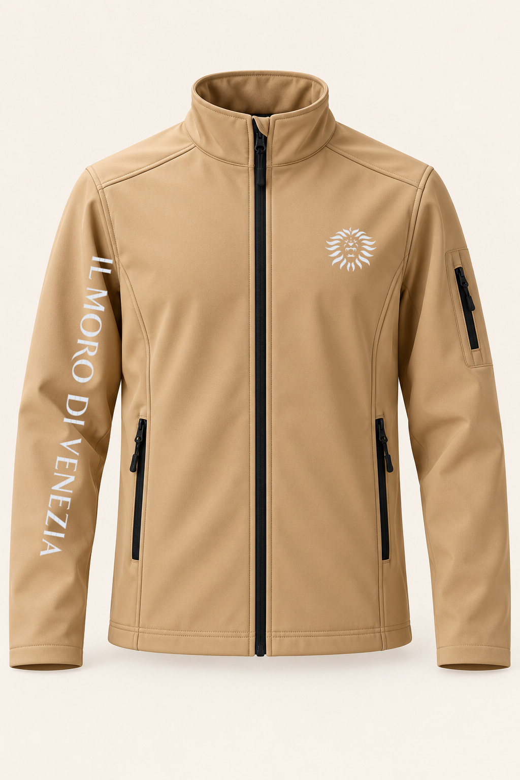 Colore: Cammello — Giubbotto softshell Il Moro di Venezia, vista del capo, sfondo avorio