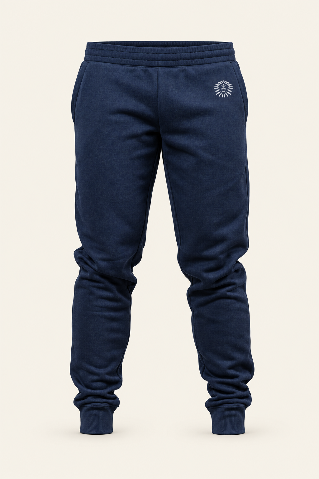 Colore: Blu — Pantaloni jogger in felpa, vista del capo, sfondo avorio, logo originale