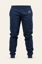 Colore: Blu — Pantaloni jogger in felpa, vista del capo, sfondo avorio, logo originale