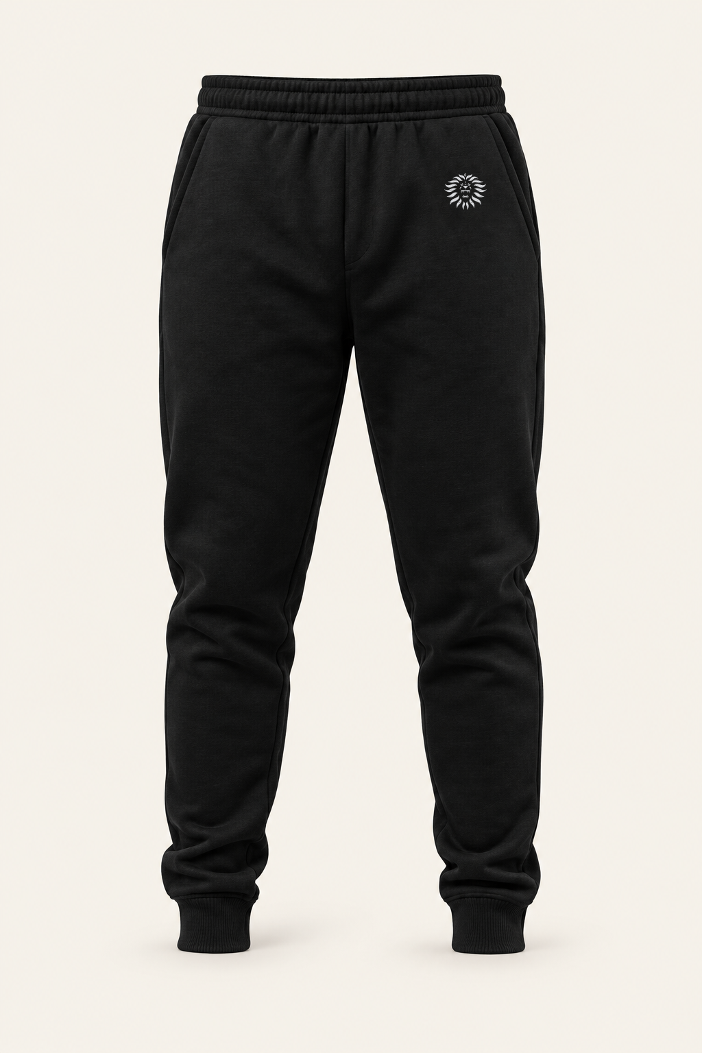 Colore: Nero — Pantaloni jogger in felpa, vista del capo, sfondo avorio, logo originale