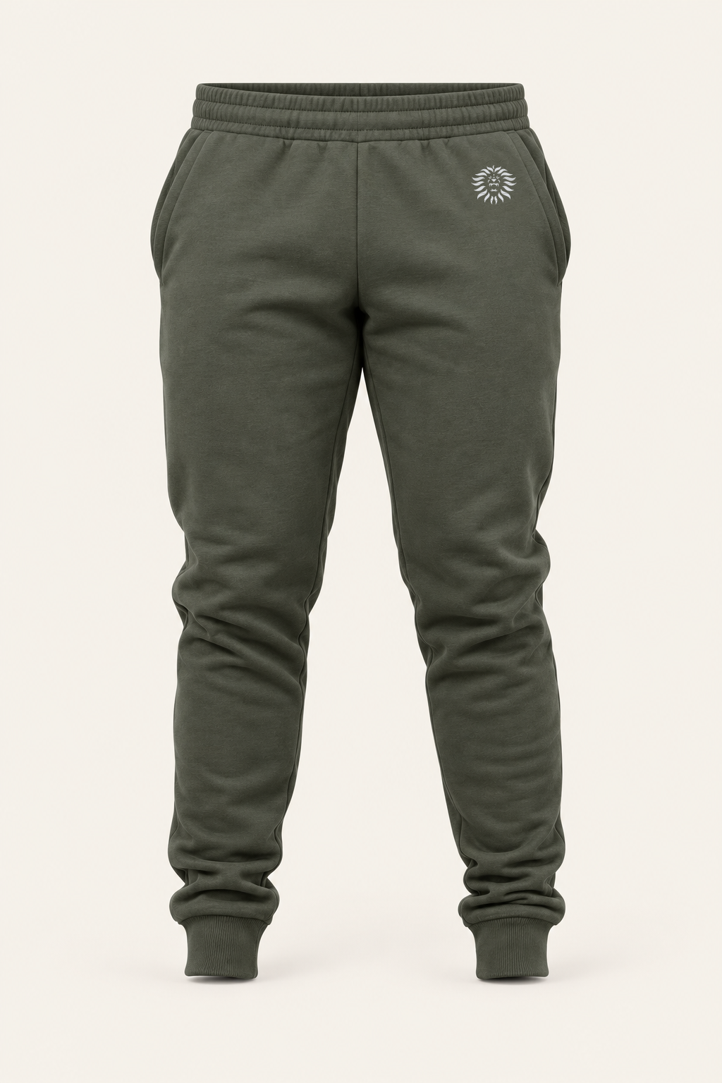 Colore: Verde — Pantaloni jogger in felpa, vista del capo, sfondo avorio, logo originale