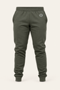 Colore: Verde — Pantaloni jogger in felpa, vista del capo, sfondo avorio, logo originale