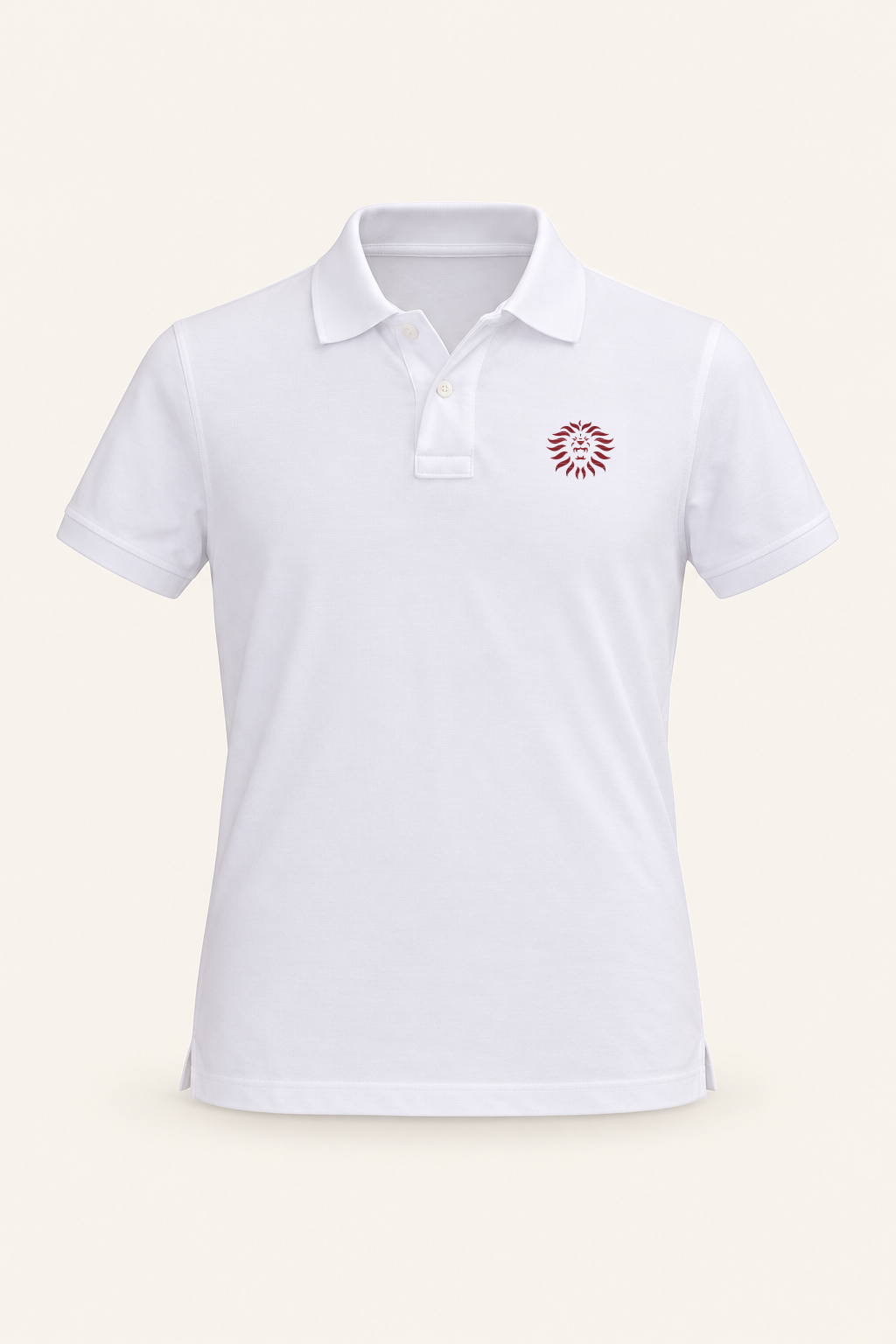 Colore: Bianco — Polo in cotone a maniche corte, vista del capo, sfondo avorio, logo originale