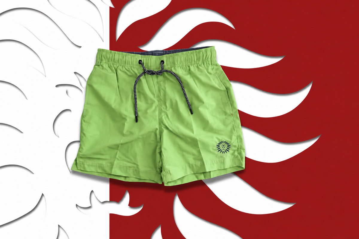 Collezione Uomo Il Moro di Venezia: costume lime sullo sfondo rosso e bianco con il Leone.