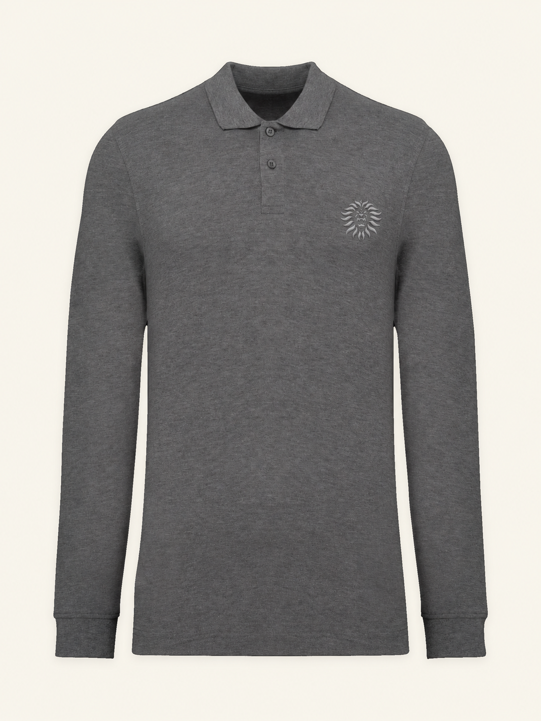 Colore: Grey — Polo in piqué biologico a manica lunga con Leone grigio argento effetto ricamo, su sfondo avorio