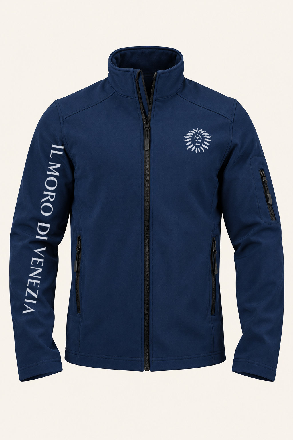 Colore: BLU — Giubbotto softshell Il Moro di Venezia, vista del capo, sfondo avorio