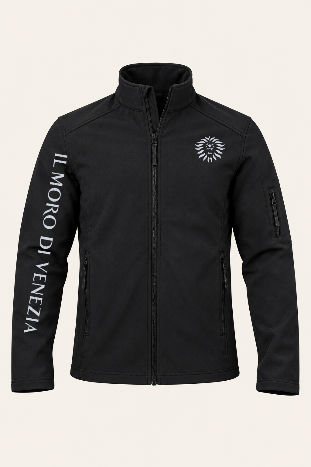 Colore: NERO — Giubbotto softshell Il Moro di Venezia, vista del capo, sfondo avorio