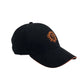 Cappellino modello Baseball in 100% cotone, con visiera in sandwich e logo in rilievo de “Il Moro di Venezia” in combinazione di colore nero e arancione - 100% cotton baseball cap with sandwich visor and embossed 'Il Moro di Venezia' logo in black and orange combination.